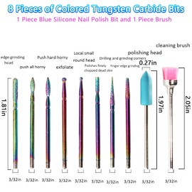 10pcs Nail Drill Bits Kit, 3/32 Inch Tungsten Carbide Ceramic Acrylic Nail File Set, Carbide Cuticle Remover Bits for Manicure Pedicure, Home Salon(Multicolor)