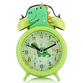 TCJJ Dinosaur Alarm Clock Boys, Non-Ticking Cute Green Alarm Clock Children Boys, Classic Loud Double Bell Clock with Backlight, Suitable for School Gifts