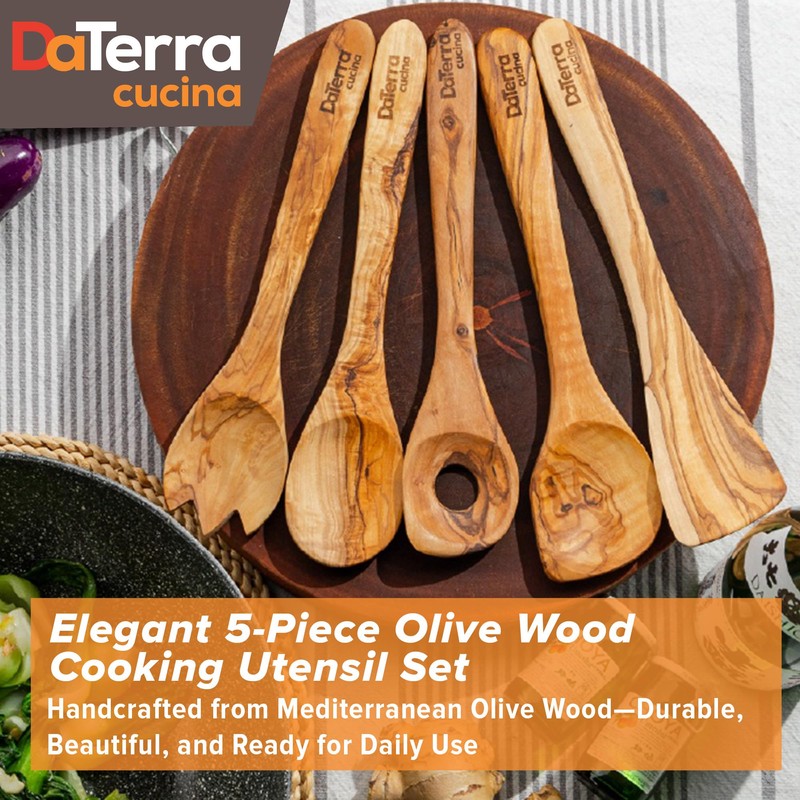 12-Inch Olive Wood Cooking Tools – 5-Piece Wooden Kitchen Utensils