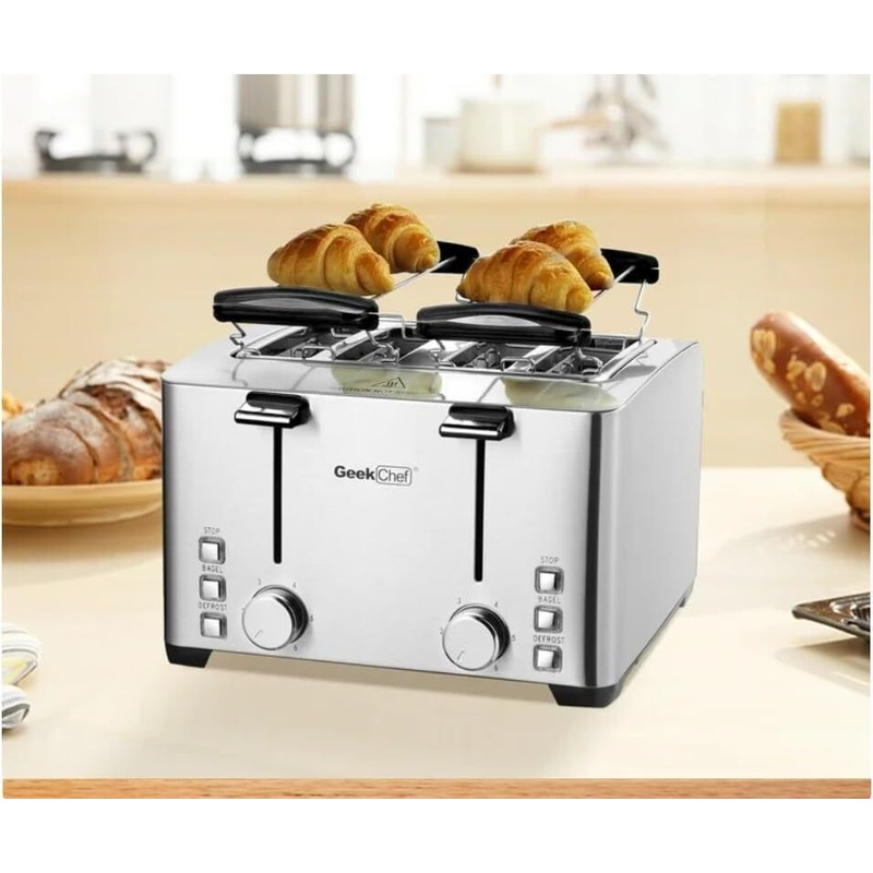 Geek-Chef 1500W Toaster 4Slice 4-Slot Bagel Croissant Waffles Donuts Defrost