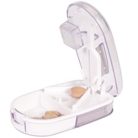 ColeMela Pill Cutter Splitter for Small and Tiny Pills, or Large Pills. V-Shaped Design for Multiple Sizes. Safety Blade Guard. Loss-Proof Built-in Small Brush & Sliding Door Pill Storage (Clear)