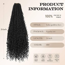 9 Packs Boho Goddess Locs Grochet Hair for Black Women - 24 inchBoho Faux Locs Crochet with Curly Ends, Boho Soft Locs, Pre-looped Crochet Goddess Loc, River Hair with Curls (24Inch, 1B#, 9Packs)