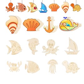 Pack of 12 Wooden Crafts, Children's Crafts, Wooden Wood for Painting, Marine Series Wooden Pendants for Painting, Wooden Craft Set Children Yourself for DIY Crafts and Craft Projects, Wooden Pendants