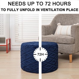AbunHeri Fluffy Round Ottoman Pouf with All-in-One Foam Filling 20" x 14" Furry Ottoman Foot Rest Foot Stool for Living Room or Bedroom (Navy Blue)