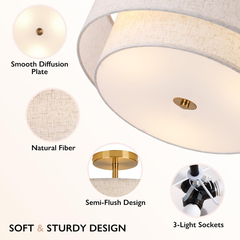 CALOKES 16" Double Drum Gold 3-Light Semi Flush Mount Ceiling