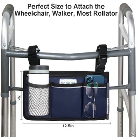 Wheelchair Side Bag, Wheelchair Armrest Storage Pouch with Cup Holder and Reflective Strip Use of Waterproof Fabric, for Most Wheelchairs, Walkers or Rollators (Blue)