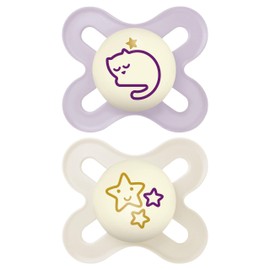 MAM Original Start Night Soothers | 0-2 Months | 2 Pack | Newborn Dummies | Glow in The Dark | Comes in Dummy Steriliser Box | Sustainable Materials | Pink (Designs May Vary)
