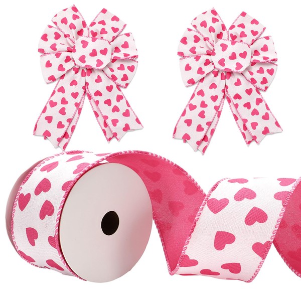 JarThenaAMCS Valentine's Day Wired Edge Ribbon Pink Heart Fabric Ribbon