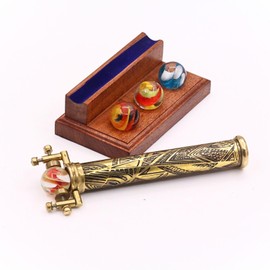YVCrafts Brass large Marble Scope Kaleidoscope with Four Interchangeable Glass Marbles - Vintage Retro Marblescope with Hardwood Display Stand