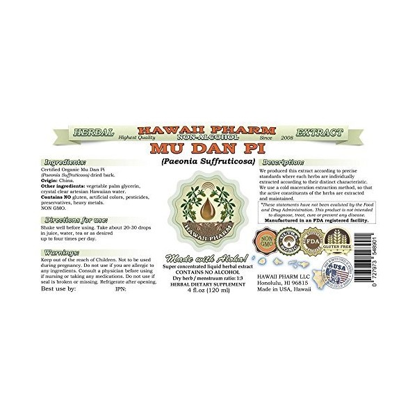 Mu Dan Pi Alcohol-Free Liquid Extract, Mu Dan Pi, Tree Peony (Paeonia Suffruticosa) Bark Glycerite Natural Herbal Supplement, Hawaii Pharm, USA 2 oz