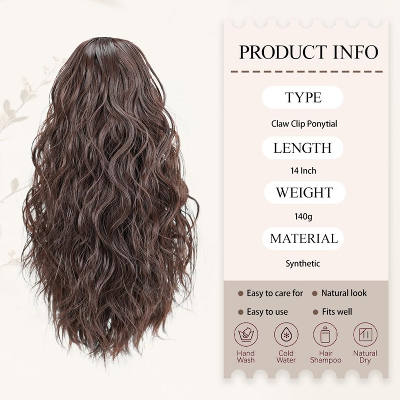 Doxken Claw Clip Ponytail Extension 14 Inch Brown Lightweight Wavy