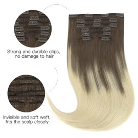 hotbanana Clip-In Hair Extensions, Ash Brown to Platinum Blonde, 45 cm, 120 g, 7 Pieces Clip-In Hair Extensions, Real Hair, Straight, Remy Clip-in Hair Extensions