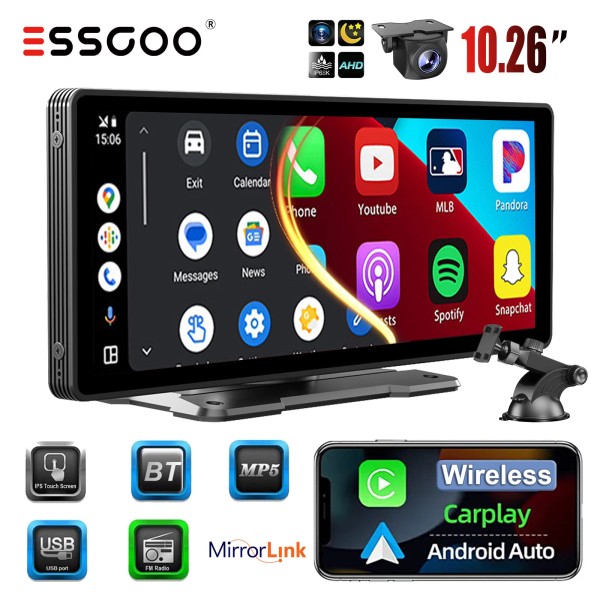ESSGOO 10" Portable Wireless CarPlay Android Auto Touch Screen Car
