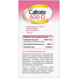 Caltrate Suplemento de Calcio 600 +D 600mg / 400 UI Frasco con 30 tabletas
