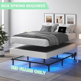 QEROMY Queen Bed Frame for Box Spring, 7 Inch Metal Bed Frame with LED Lights, 9-Legs Support Bed Base, Tool-Free Easy Assembly