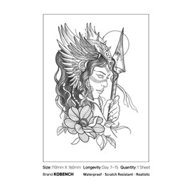 kobench Cool Temporary Tattoos,Flowers A Female Warrior - K72 Design,Waterproof,Easy-to-Apply,Long Lasting 1-2 Weeks, Plant-Based,Flower Tattoos