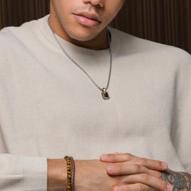 RTZN® Tiger Eye Necklace for Men – Premium Artisan Tiger Eye Square Pendant Necklace with Stainless Steel Box Chain 22" Inch + 2" Extension