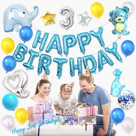 deerzon Birthday Balloons Decoration 25 Piece Set Animal Heart Balloons for Girls Boys Birthday 1st 2nd 3 Years Old (Blue)