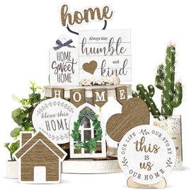 Maitys 10 Pcs Summer Beach Tiered Tray Decoration Set Farmhouse Rustic Decor Wood Sign Rustic Table Ornaments for Kitchen Table Housewarming Gift (Home Style)