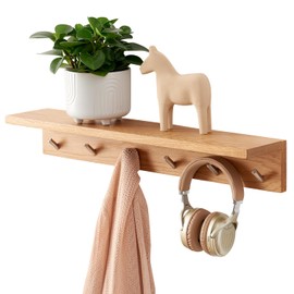 TRWISWDC Coat Rack Shelf Wall Mounted Oak Wood Entryway Shelf with 6 Hooks Wall Coat Hook Rack with Floating Shelf for Bedroom, Living Room, Kitchen (Natural, 27.5 inch)