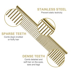 Beaface Dog Comb, Pet Grooming Comb Stainless Steel Dog Combs, Rounded Teeth Pet Combs for Large Medium and Small Dogs and Cats 19 x 3.5 cm (Gold)