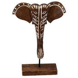 Koopman International Handcrafted Rustic Wooden Elephant Head Sculpture - Tribal Design on Stand