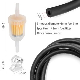 Petrol Hose Kit Fuel Line Pipe Vacuum Tube, 2 Metre Fuel Line with 2PCS 6 mm / 8 mm Petrol Filters + 10PCS Metal Hose Clips