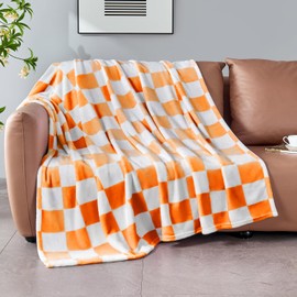 Edenleaf Orange Checkered Blanket, Soft Cozy Fleece Checkered Throw Blankets for Bed Sofa Couch Camping, Ultra Fluffy Throws for All Seasons, 60x80 Inch, Orange