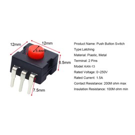 Gebildet Pack of 50 12 x 12 Self-Locking Micro Mini On/Off/On Switch, NO/NC, 1.5 A, 250 V, Self-Locking Push Button Switch for DIY SMD Torches, Type KAN-13 (Red)