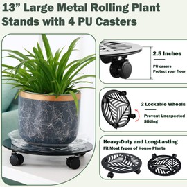 3 Packs Large Metal Plant Caddy with PU Wheels 13" Heav-Duty Wroght Iron Rolling Plant Stands Indoor Outdoor Wheeled Plant Dolly Planter Mover Rollers Plant Trolley Cart, Plant Saucers Included