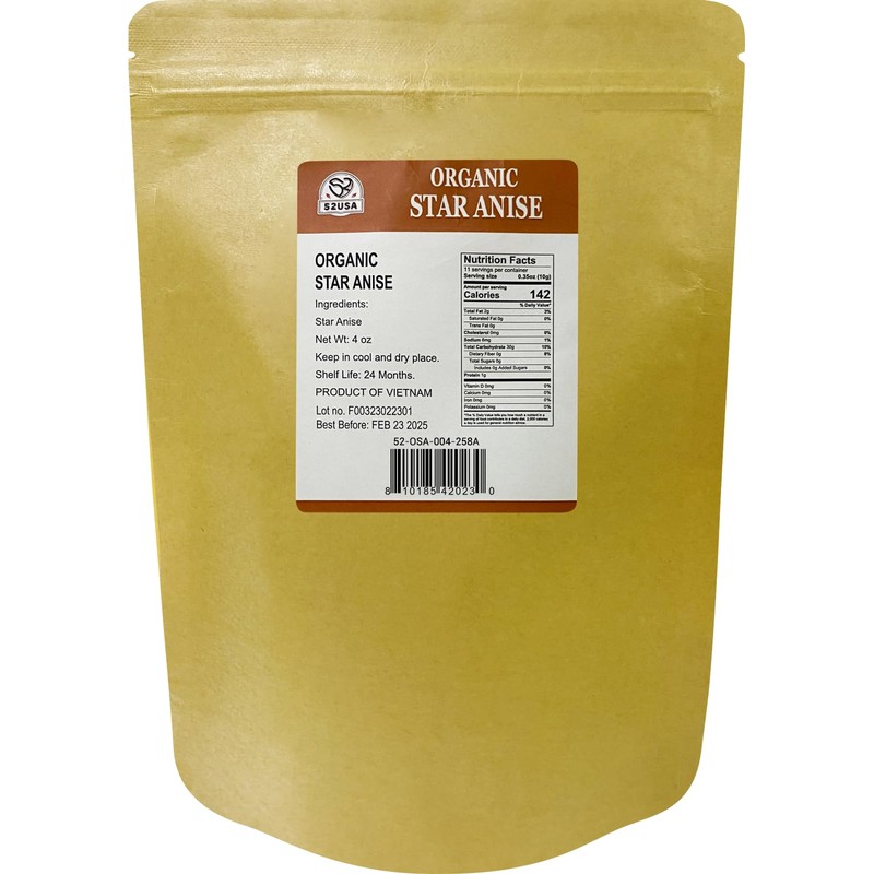 52USA Organic Star Anise - 4oz | Non-GMO, Whole Spice