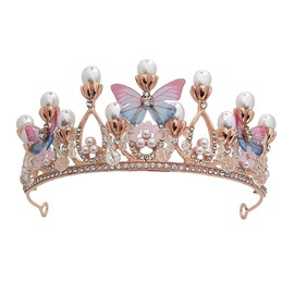 FitBest Tiara de cristal para niña, corona de cumpleaños de princesa, con perla y mariposa para rendimiento, cosplay, fiesta, coronas de diamantes de imitación para niños y adolescentes