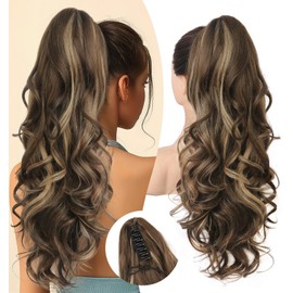 Earfodo Ponytail Extension, 24" Long Curly Wavy Claw Clip in Ponytail Hair Extensions, Jaw Clip on Pony Tails Fluffy Hairpiece for Women Daily Party Use