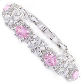 RIZILIA BLOSSOM Tennis Bracelet & Oval Cut CZ [Simulated Pink Sapphire] in White Gold Plated, 7"