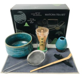 AIYICIII Japanese Matcha Tea Set(7pcs),Matcha Bowl And Whisk Set,Whisk Holder, Matcha Powder Sifter, Bamboo Scoop,The Perfect Matcha Tools Kit For Matcha Tea Ceremony (Kiln Glaze-Blue)