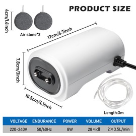 Aquarium Air Pump, 8 Watts, Adjustable Aquarium Oxygen Pump, Oxygen Pump, Aquariums, Powerful Aerator Pump, with Accessories with 2 Air Outlets