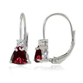 Sterling Silver Created Ruby & White Topaz Trillion-Cut Leverback Drop Earrings