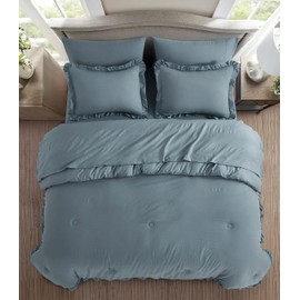 Chezmoi Collection Eleanora Queen Bed in a Bag 7-Pieces Ruffled Edge Trim Stone Washed Double Brushed Microfiber Comforter with Sheets Lightweight All Season Bedding Set (Queen, Dusty Blue)