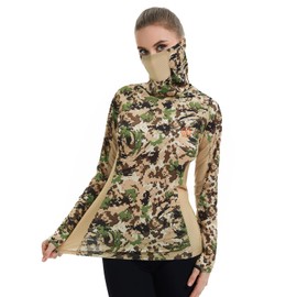 BASSDASH Women's UPF 50+ Camo Hunting Hoodie with Neck Gaiter Breathable Performance Long Sleeve Fishing Hooded Tee FS03W