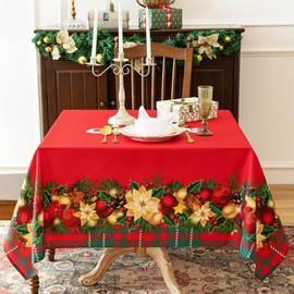 Christmas Red Table Cloth Square - 60x60 inch - Water Resistant Holiday Decor New Year's Eve Cloth Tablecloth - Easy Care Fabric Table Covering for Party, Kitchen, Dining Room, Outdoor Use