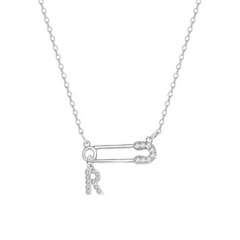 Angelra Danity Safety Pin With Initial Charm Necklace Silver Plated Choker for Women Girls, Paper Clip Pendant Necklaces Adjustbale Chain Fashion Jewellery Gifts (R)