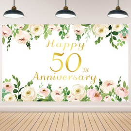 Vlipoeasn Elegant White 50th Wedding Anniversary Decorations Rose Gold Flower Peony 50th Anniversary Photography Backdrop for Couple Surprise for Parents Cheers to 50 Years Wedding Supplies
