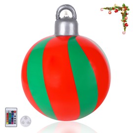 Light Up PVC Inflatable Christmas Ball, 40cm Christmas Inflatable Ball with LED Light Outdoor Christmas Inflatable Decorated Ball with Remote Control (Red Green)