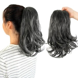 KAVSORAPI 12 Inch Curly Ponytail Hair Extension - Drawstring Synthetic Hairpiece for Women & Girls, Natural Looking Fake Ponytail for Easy Styling, Voluminous Curly Hair (Salt and Pepper)