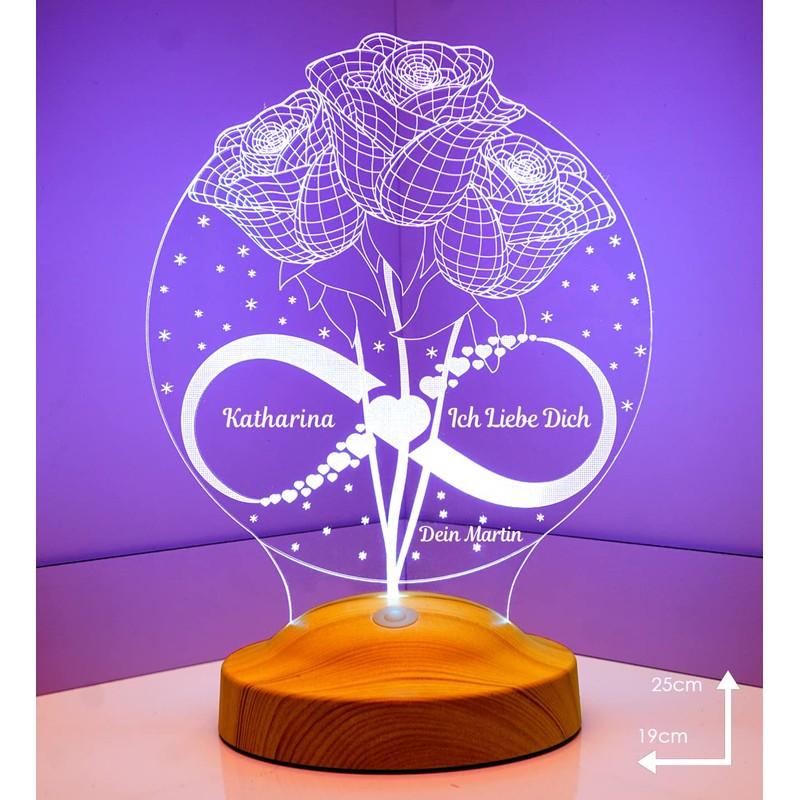 Personalisierte Rose-Leuchte mit Namensgravur als Geschenk-Idee für besondere Glücksmomente:Hochzeit, Geburtstag,