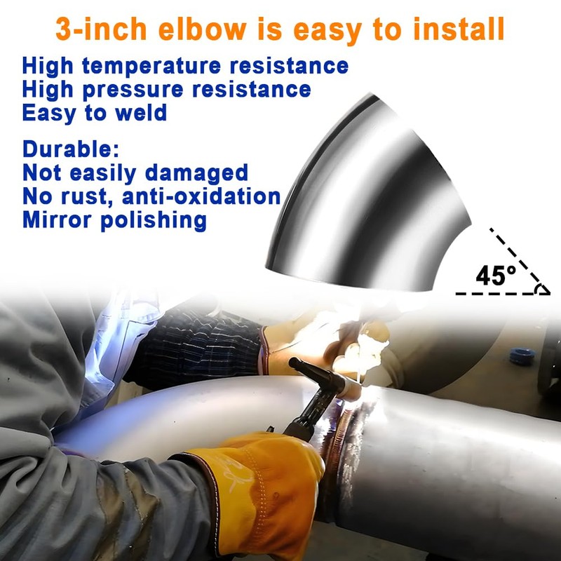 AIMCOCO 3Inch 45 Degree Stainless Steel Exhaust Elbow Pipe-16GA/. 065"