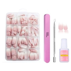 False Nails Kit with Glue, Natural Gradient Pink Fake Nails, Acrylic Ballet Press on Nails Tips, 12 Sizes Glossy Full Cover Stick on Nail for Women Girls Art (Pink Gradient Ballet, 240PCS)