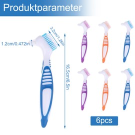 Pack of 6 Double-Sided Denture Cleaning Brushes, Denture Brush, Denture Brush, Denture Brush, Dental Brush for Dentures, Ergonomic Denture Brush with Multilayer Bristles (4 Colours)