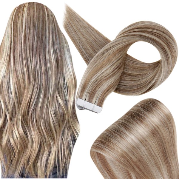 Fshine Tape Hair Extentions Real Human Hair 16 Inch Tape in Human Hair Color 10 Highlights 613 Bleach Blonde Seamless Remy Hair Extensions 50 Grams Tape in Extensions Human Hair