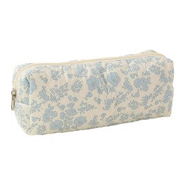 CHUNLINLAODA Blue Floral Pencil Case, Aesthetic Flowers Pencil Pouch, Soft Quilted Pencil Pouch, Floral Makeup Bag, Cotton Quilted Makeup Bags for Office School College Travel (Blue)